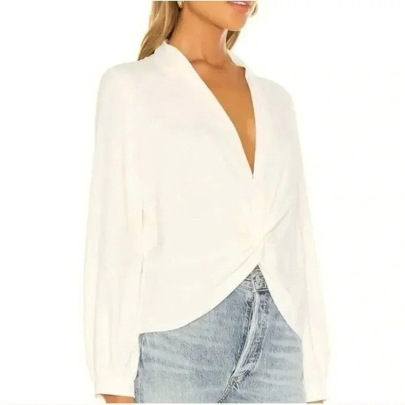 Amanda Uprichard Keely Twist Front Long Sleeve Crepe Blouse Ivory White Revolve - Picture 2 of 10